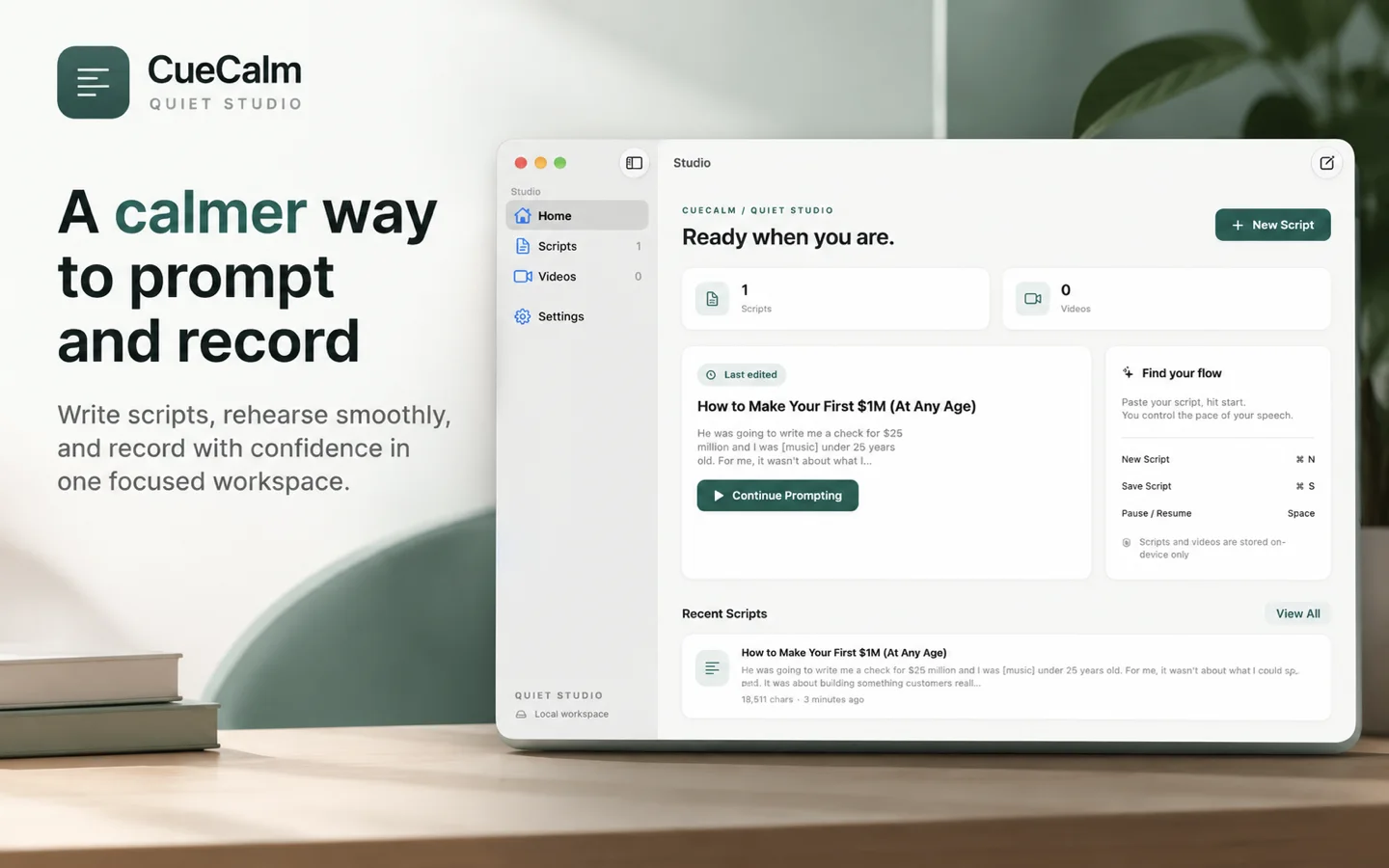 CueCalm workspace showing a script, recent documents, and native Mac navigation.